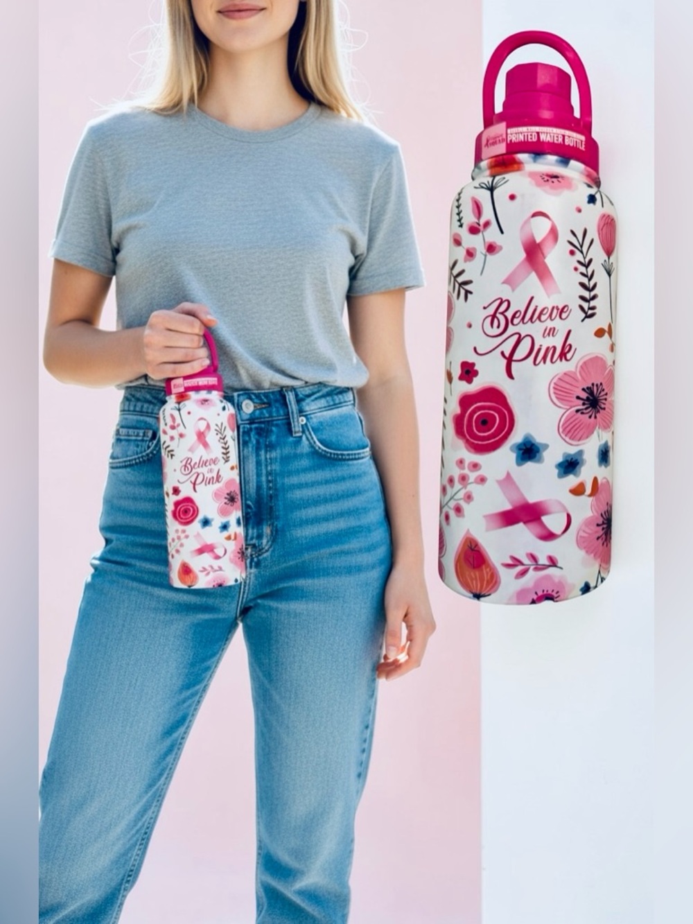 “Believe' in Pink” Ribbon 🎀 & Floral 🌸Stainless Water Bottle - 34oz